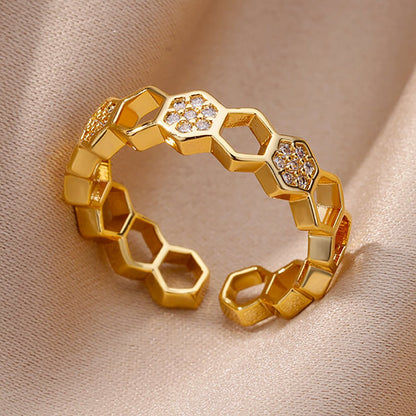 Anéis de Aço Inoxidável Banhados a Ouro com Cristal para Mulheres Corrente Geométrico Zircônia Anel de Dedo Joia Presente anillos mujer 2025 Novo e Moderno