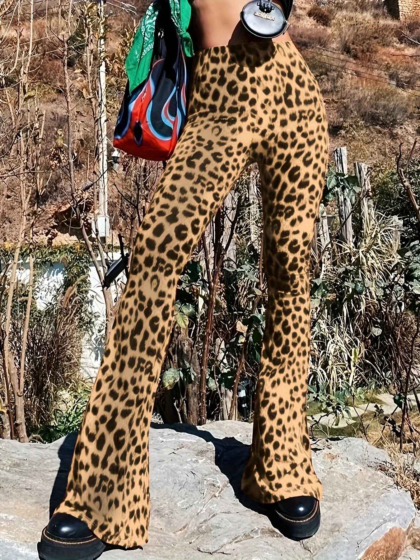 New High Waist Leopard Print Flare Pants Women's Stretchy Casual Streetwear Tummy Control Bootcut Trousers Elastic Waistband