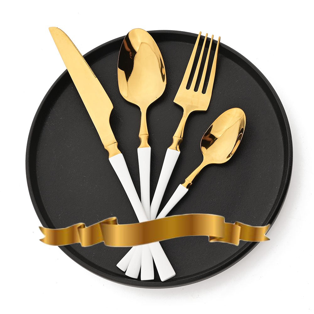 JANKNG 24Pcs White Gold Tableware Set Stainless Steel Dinnerware Spoon Fork Knife Cutlery Kitchen Food Flatware Silverware Set