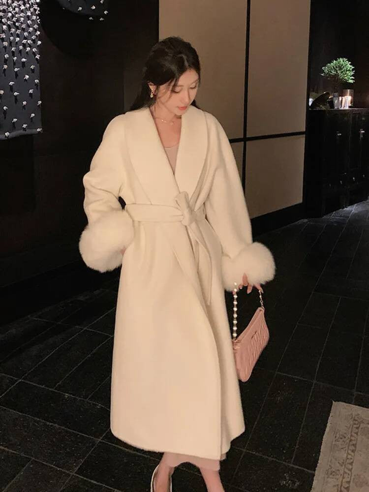 [EWQ] Wool Fox Fur Sleeve Women Coat Elegant Clothing Autumn 2025 Winter Double-sided Jacket Big Size Wine Red Overcoats 16O2751