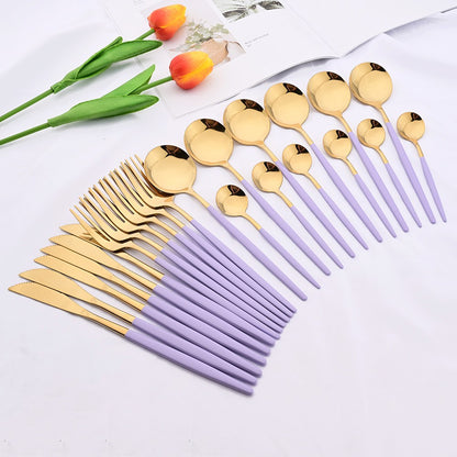 Conjunto de Talheres Roxo de 24 Peças com Cabo Roxo em Aço Inoxidável Dourado, Faca, Garfo, Colher de Café, Conjunto de Talheres Prateados