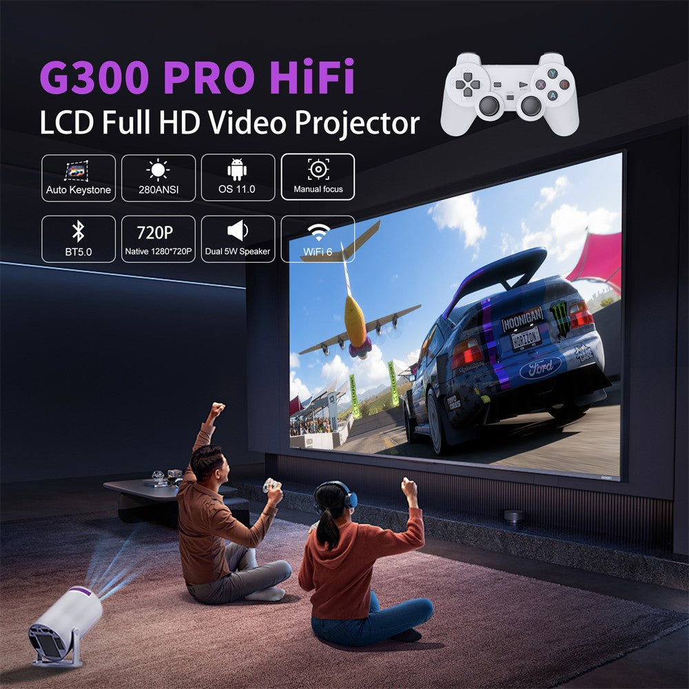 Projetor de Jogos Velec HY300 Pro HiFi 2 EM 1 Chip Profissional Projetor Android Com 2 Controles de Jogo Sem Fio 20000+ Jogos