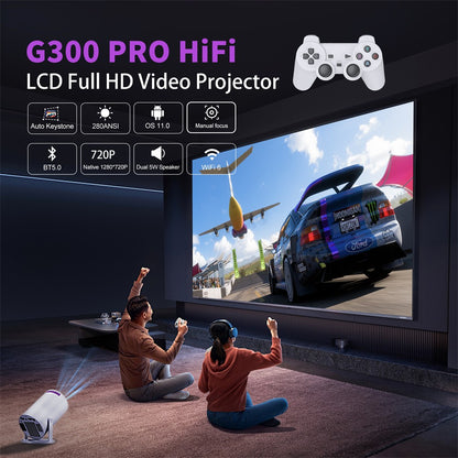 Projetor de Jogos Velec HY300 Pro HiFi 2 EM 1 Chip Profissional Projetor Android Com 2 Controles de Jogo Sem Fio 20000+ Jogos