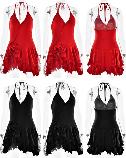 Absobe Women's A-Line Bodycon Mini Dress Ruffle Hem V-Neck Asymmetrical Buttons