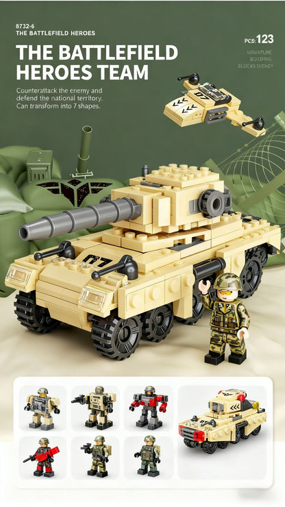 6 in 1 Mega City Building Set - Police Car, Fire Truck, Crane, Tank, Helicopter & More, Construction Engineering Toys Gift