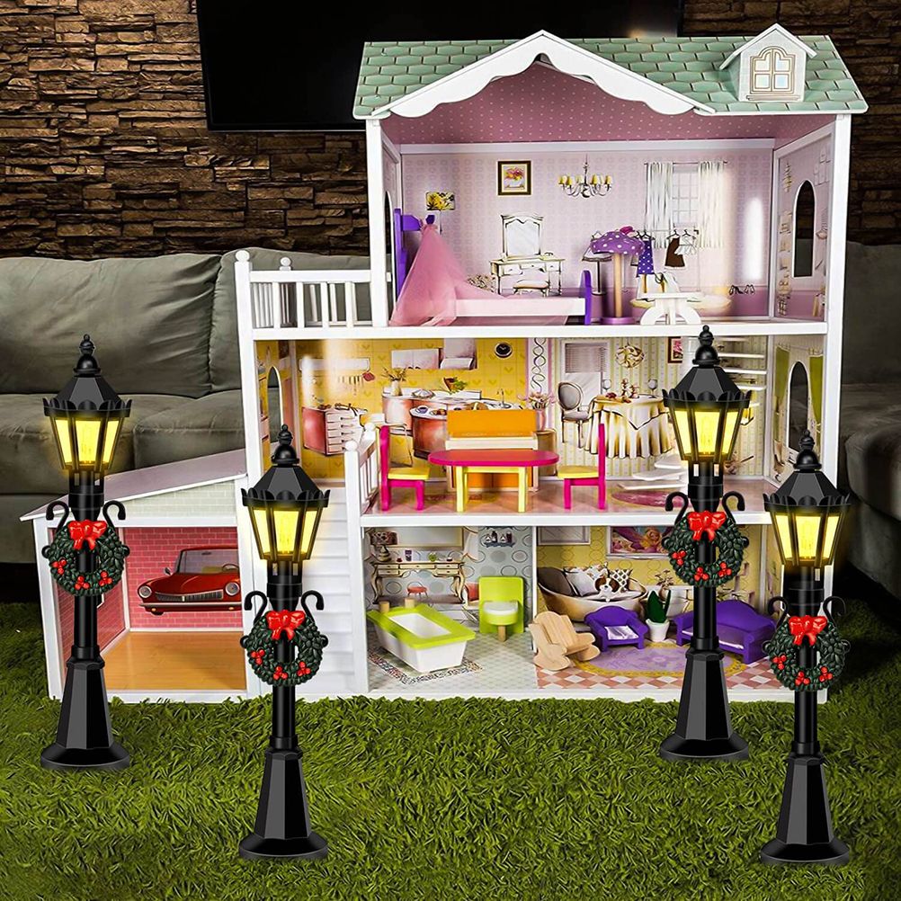 4 Pcs Christmas Mini Street Light Models Dollhouse Streetlight Miniature Village Pathway Lantern Post for DIY Micro Landscape