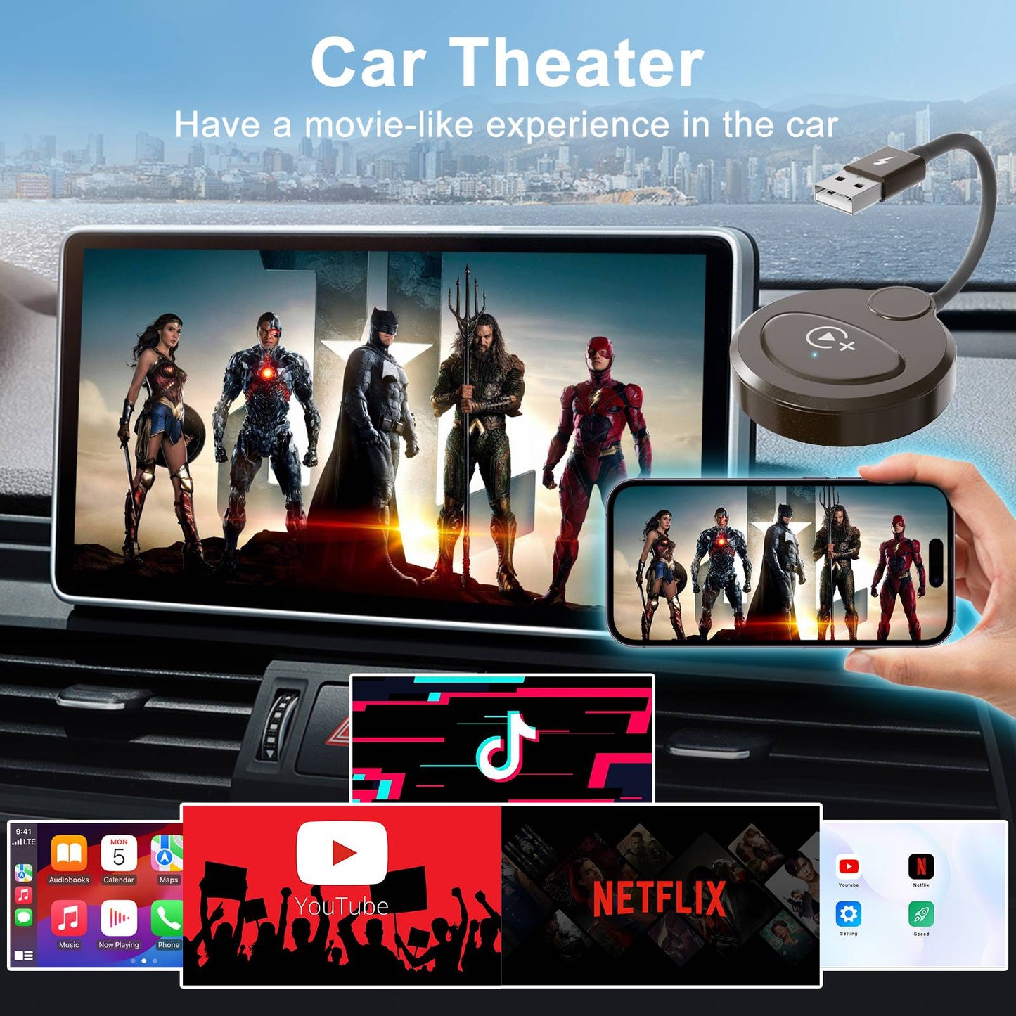 Carplay Wireless Adapter with Youtube/Netflix/Tiktok, Wireless Carplay USB Dongle for Factory Wired Carplay to Wireless