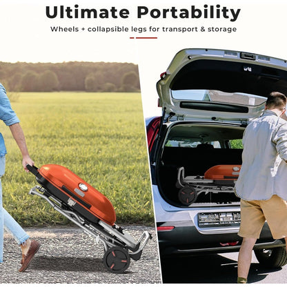 Churrasqueira Portátil a Gás Propano, Grelhador de 15.000 BTU com Tampa, Pernas Dobráveis e 2 Rodas, Áreas de Grelhar de 406 pol. quadradas