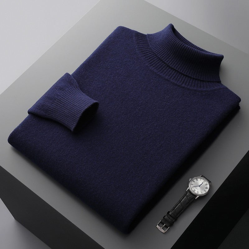 100%Merino Wool Lapel Sweater Men's Turtleneck Loose Knit Pullovers Youth Business Casual Joker Tops Warm Solid Color Base Shirt