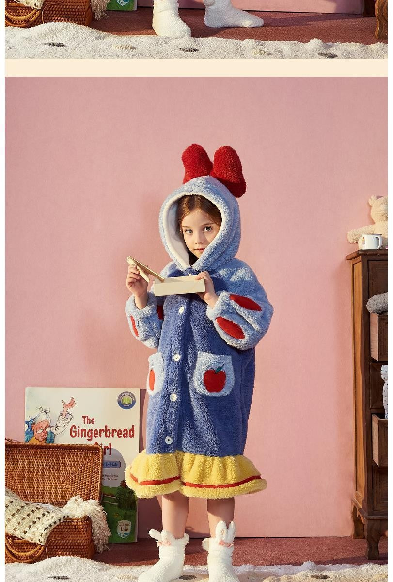 Disney Snow White Kids Hooded Robe Winter Princess Child Thick Keep Warm Long Nightgown Front Button Coral Fleece Soft Bathrobe