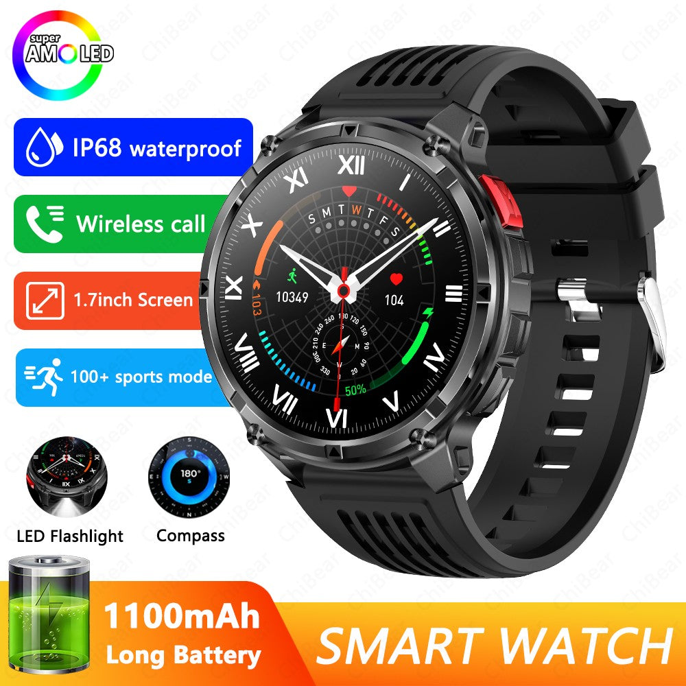 Relógio Inteligente Militar para Homens, Bateria de 1100mAh, Bússola, Monitor de Fitness, Tela AMOLED HD, Chamada BT, Smartwatch para Android IOS