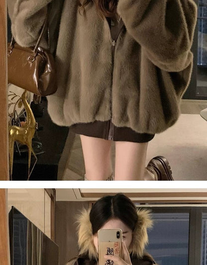 American Retro Reversible Velvet Zipper Hooded Jacket Women Winter Fashion Street Thick Loose Warm Harajuku Casual Plush Jacket