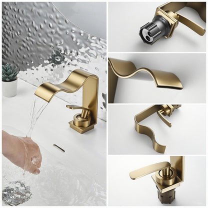 Luxury Brushed Gold Bathroom Sink Faucet Deck Mounted Hot Cold Brass Mixer Waterfall Basin Faucets Lavatory Washbasin Water Tap
