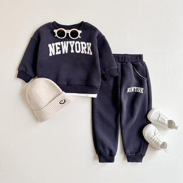 2 Peças Conjunto Roupa Bebê Meninos Meninas Estampa NewYork Top Esportivo Calça Terno Moletom Inverno Roupa Criança Recém-nascido Grosso