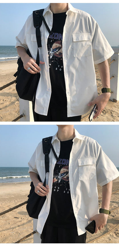 Summer Basic Shirts for Men 2025 New Half Sleeve Cargo Shirts Loose Casual Lapel Cardigan Tops Male Shirt Coats Retro Streetwear