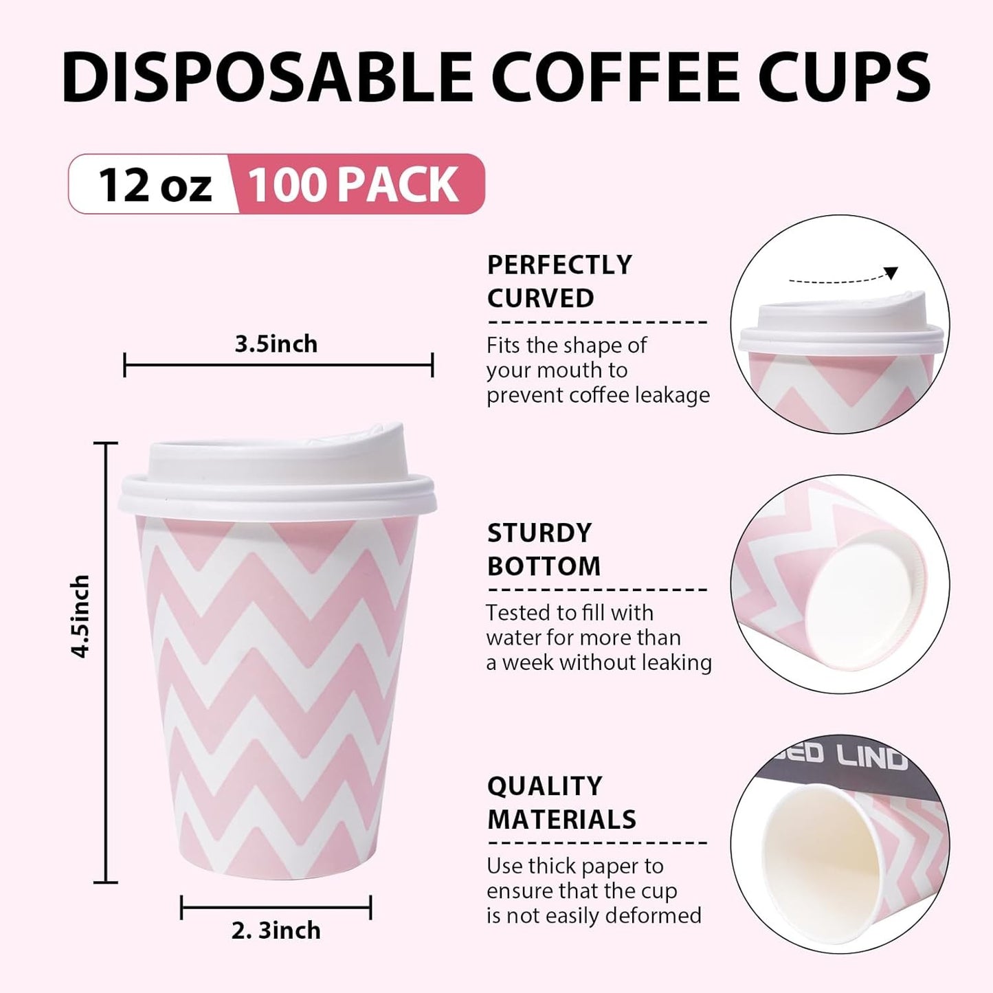 100 PACK 12OZ Disposable Coffee Cups with Lids, To Go Coffee Cups with Lids Leak Proof, Pink Paper Cups for Cold/Hot Bev