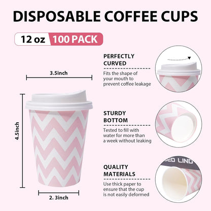 100 PACK 12OZ Disposable Coffee Cups with Lids, To Go Coffee Cups with Lids Leak Proof, Pink Paper Cups for Cold/Hot Bev