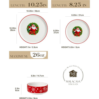 12Piece Christmas Porcelain Dinnerware Set for 4 Including Plates and Bowls Ceramic Kitchen Dining Ware Set with Santa Claus De