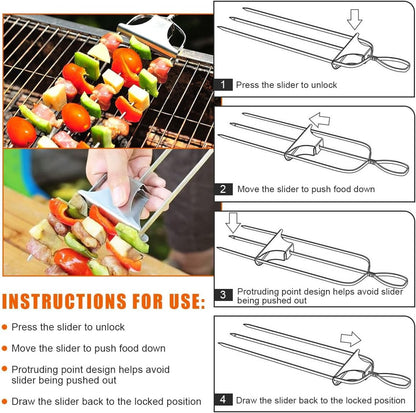 3Pcs Skewer Sticks Kabob Sticks for Grilling 14'' 3 Way Grill Skewers Metal Barbecue Skewers with Push Rod Sliders BBQ Accessory