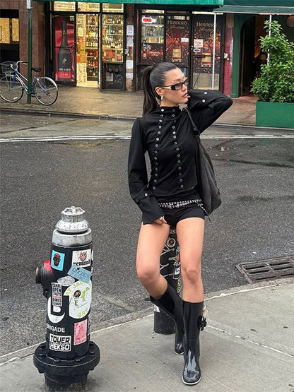 Women's Chic Buttons Cropped Shirt High Neck Solid Y2K Style Slim Fit Tops Grunge Streetwear Vintage Punk Fashion Causal Blouses