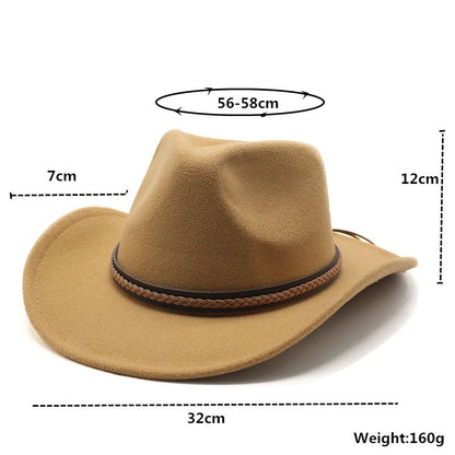 Winter Roll Up Brim Western Cowboy Hat With Leather Retro Gentleman Lady Jazz Cowgirl Cap Church Sombrero Caps