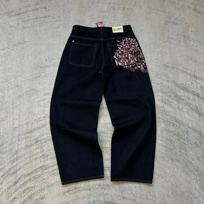 Calça jeans Hip-hop com moedas douradas Y2K retro cintura baixa perna larga com zíper calças jeans soltas bordadas moda masculina Y2K