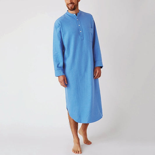 Men's Cotton Button-down Sleep Robe Solid Color Stand Neck Long Sleeve Nightgown Fashion Comfortable Home Wear Loose Bathrobe