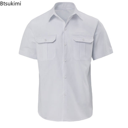 New 2025 Men's Summer Short Sleeve Solid Safari Shirt Loose Casual Cargo Shirt Double Pocket Lapel Button-up Men Work Shirt Tops