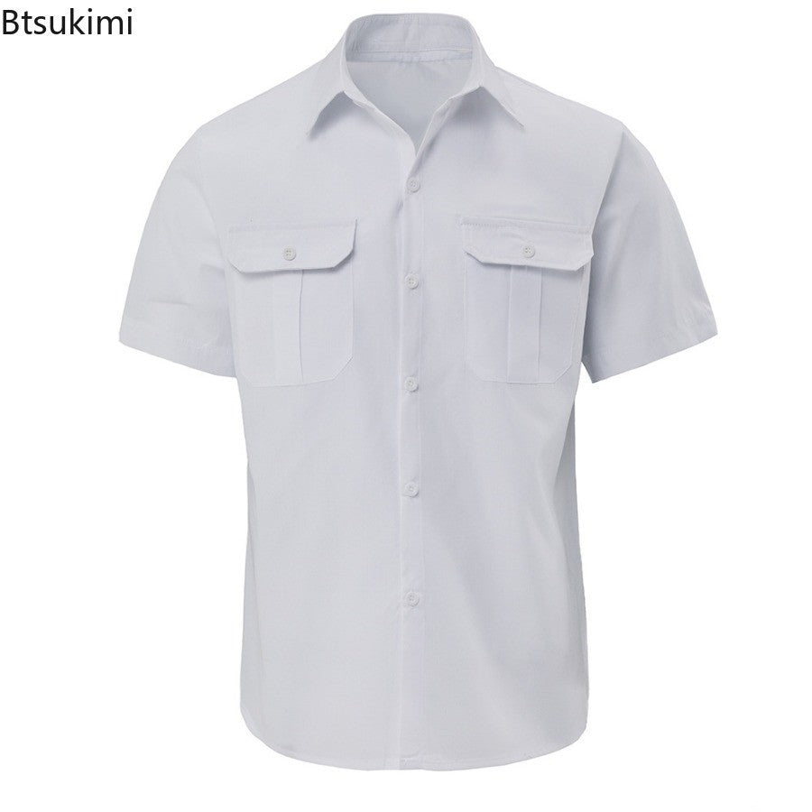 New 2025 Men's Summer Short Sleeve Solid Safari Shirt Loose Casual Cargo Shirt Double Pocket Lapel Button-up Men Work Shirt Tops