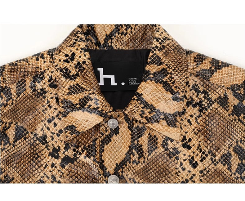 Mauroicardi Spring Autumn Loose Cool Shiny Colorful Snakeskin Print Pu Leather Jacket Men Luxury Designer Clothes Streeetwear