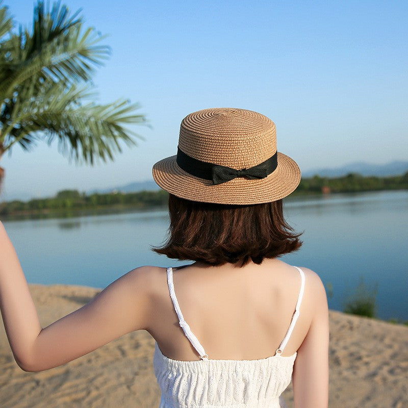 Chapéu Panamá COKK, Simples, de Verão, Praia, Feminino, Casual, Aba Reta, Chapéu de Palha com Laço para Meninas, Chapéu de Sol, Chapéu Feminino
