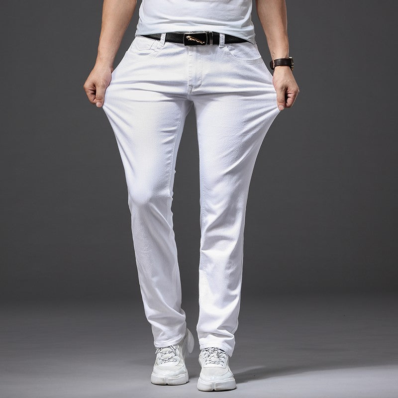 Calça Jeans Masculina Branca Casual Clássica Slim Fit Macia Marca Masculina Avançada Stretch
