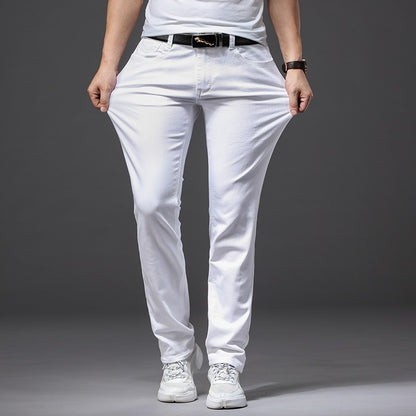 Calça Jeans Masculina Branca Casual Clássica Slim Fit Macia Marca Masculina Avançada Stretch