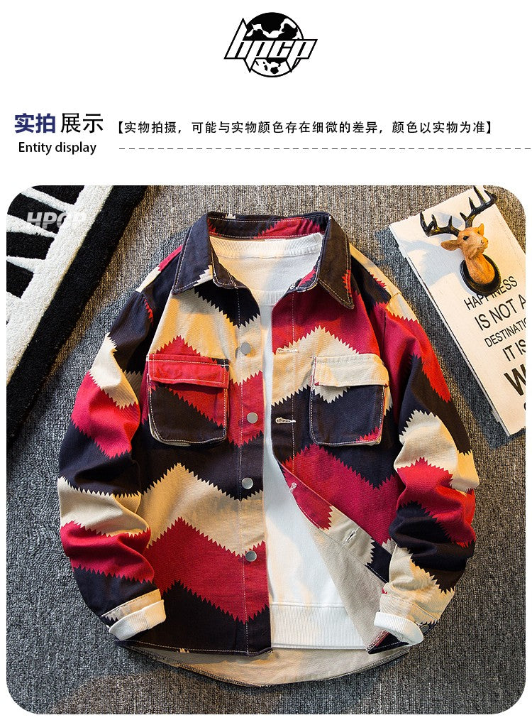 American Retro Diamond Denim Shirt Men Clothing Autumn Polo Neck Trendy High Strret Loose Casual Blouses Cargo Jacket for Men