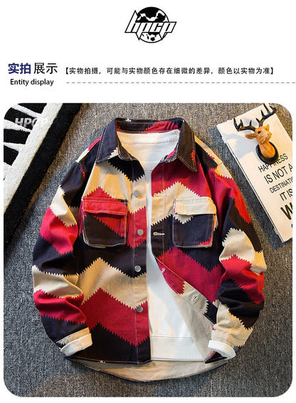 American Retro Diamond Denim Shirt Men Clothing Autumn Polo Neck Trendy High Strret Loose Casual Blouses Cargo Jacket for Men