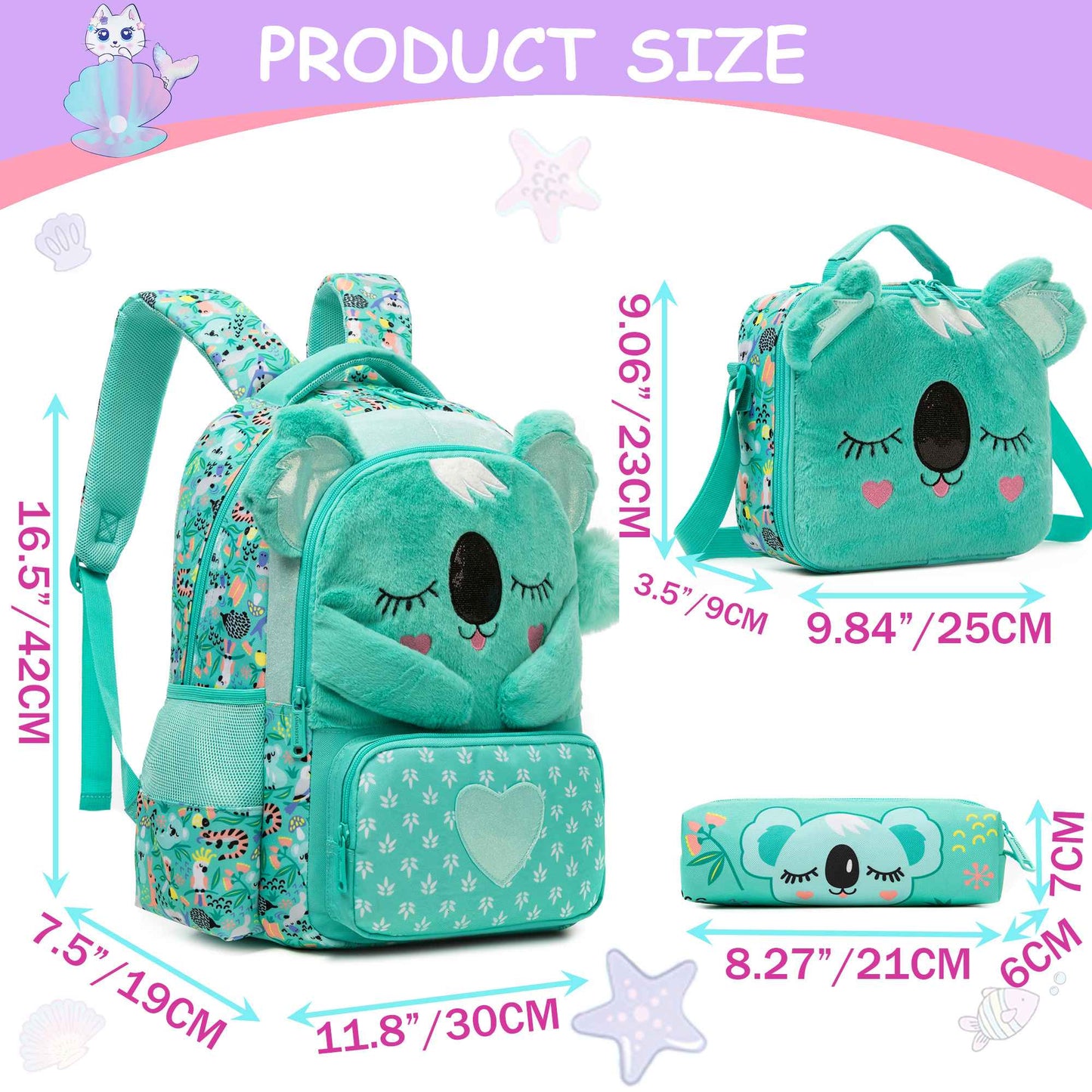 kids backpacks with Lunch Bag for girls 3pcs girls bookbag and Lunch Box Set for Elementary Middle School