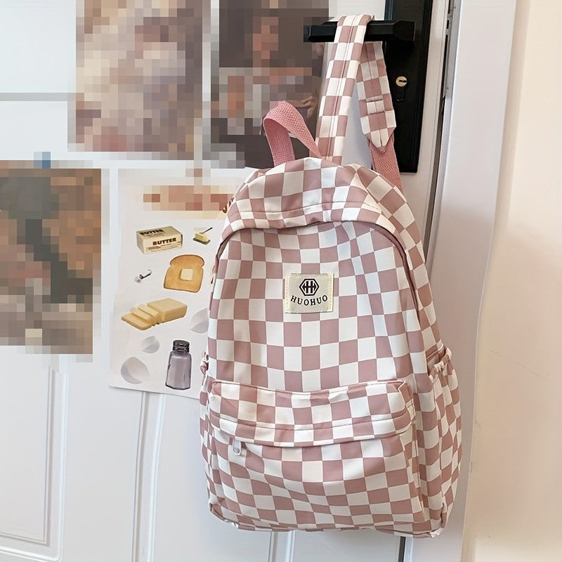 Mochila de lazer coreana com design xadrez de cores contrastantes, mochila diária do mesmo estilo, mochila casual simples para ensino médio e fundamental