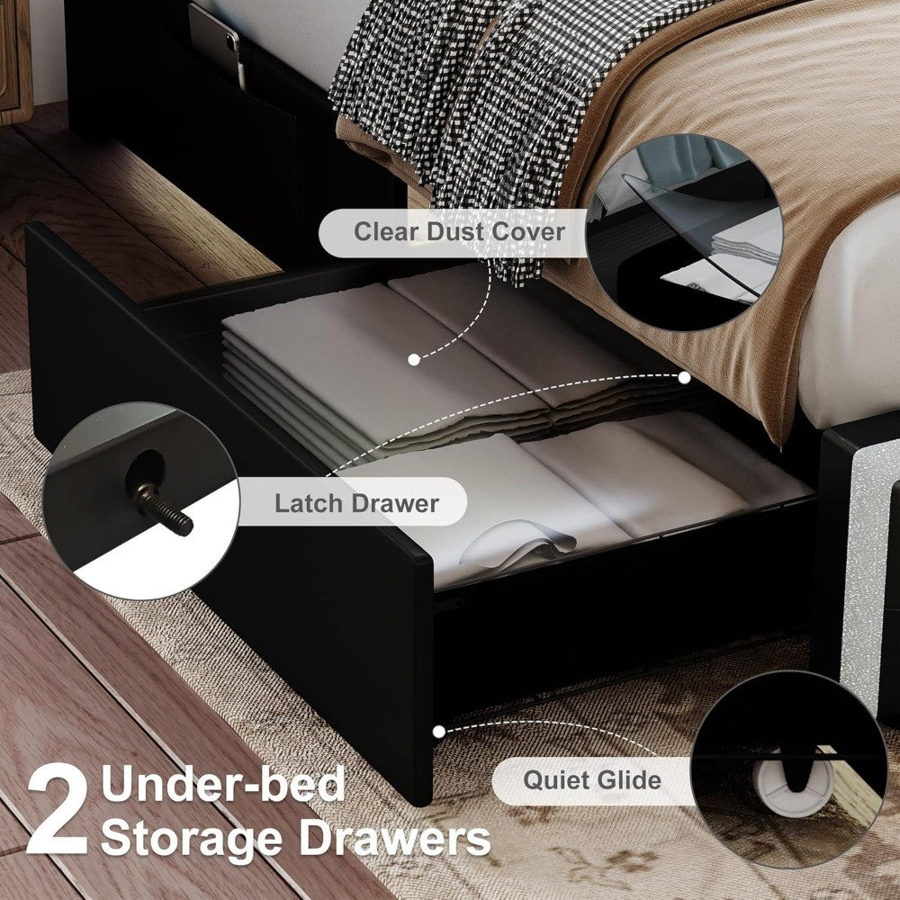 LED Bed Frame with 2 Drawers, PU Leather Platform Bed with Diamond Tufted Headboard Footboard and 2 Side Pockets, M