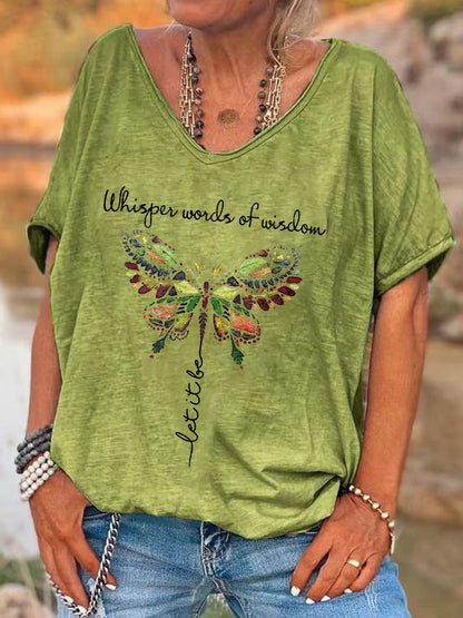 Ilstile Retro Hippie Butterfly T-Shirt Women Whisper Words Of Wisdom Print V-Neck Short Sleeve Loose Casual Summer Top