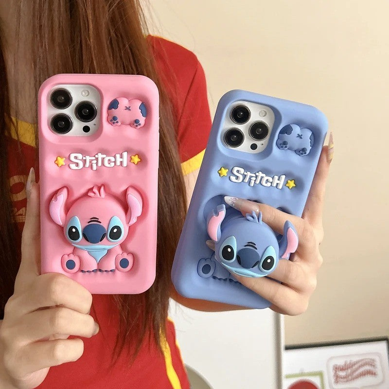Capa de celular 3D fofa de desenho animado Stitch para iPhone 17 16 15 14 13 12 Pro Max 11 com suporte de silicone macio e pega de cabeça fofa