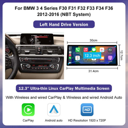 12.3inch Ultra Thin Screen For BMW 1/2/3/4 Series F20 F21 F22 F23 F30 F31 F33 F36 CIC/NBT/EVO Wireless CarPlay Multimedia Radio