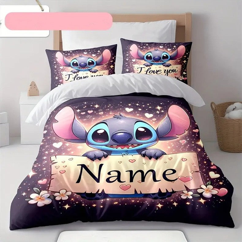 Capa de Edredom Stitch Anime Personalizável com 2 Fronhas Conjunto de Roupa de Cama Personalizado com Nome de Desenho Animado para Mulheres Crianças Adolescentes