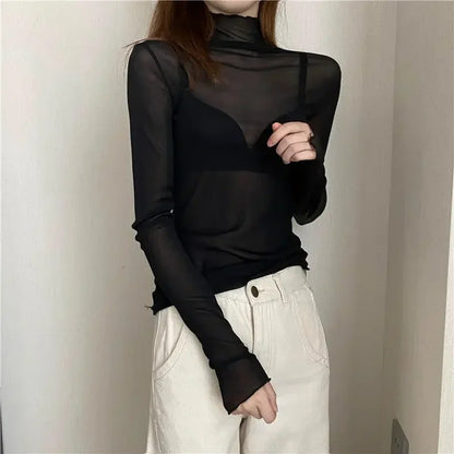 New Women Floral Lace Shirt Spring Autumn Long Sleeve Sexy Mesh Bottoming Shirts Mock Neck Blouse T-Shirt Pullover Top