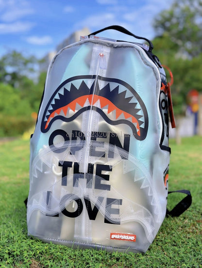 Fashion Shark Letter Transparent Backpack Men Sport Waterproof PVC Clear Plastic Schoolbag Casual Street Large Capacity Rucksack