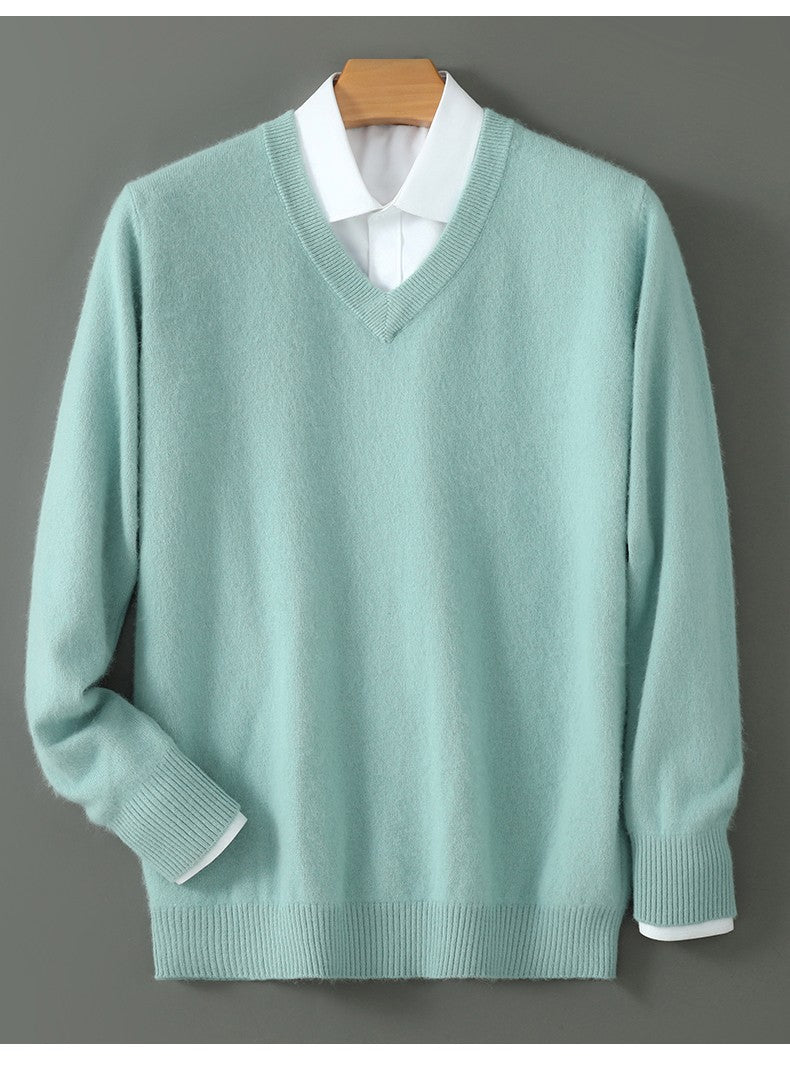 Autumn And Winter New Warm Pure Mink Cashmere Sweater Men's V-neck Pullover Thickened Plus Size Knitted Bottoming Shirt