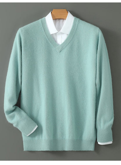 Autumn And Winter New Warm Pure Mink Cashmere Sweater Men's V-neck Pullover Thickened Plus Size Knitted Bottoming Shirt