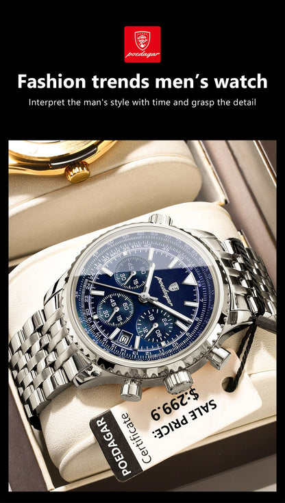 POEDAGAR Luxury Sport Man Watch Chronograph Date Waterproof Luminous Men's Quartz Watches Stainless Steel Fashion Men Wristwatch