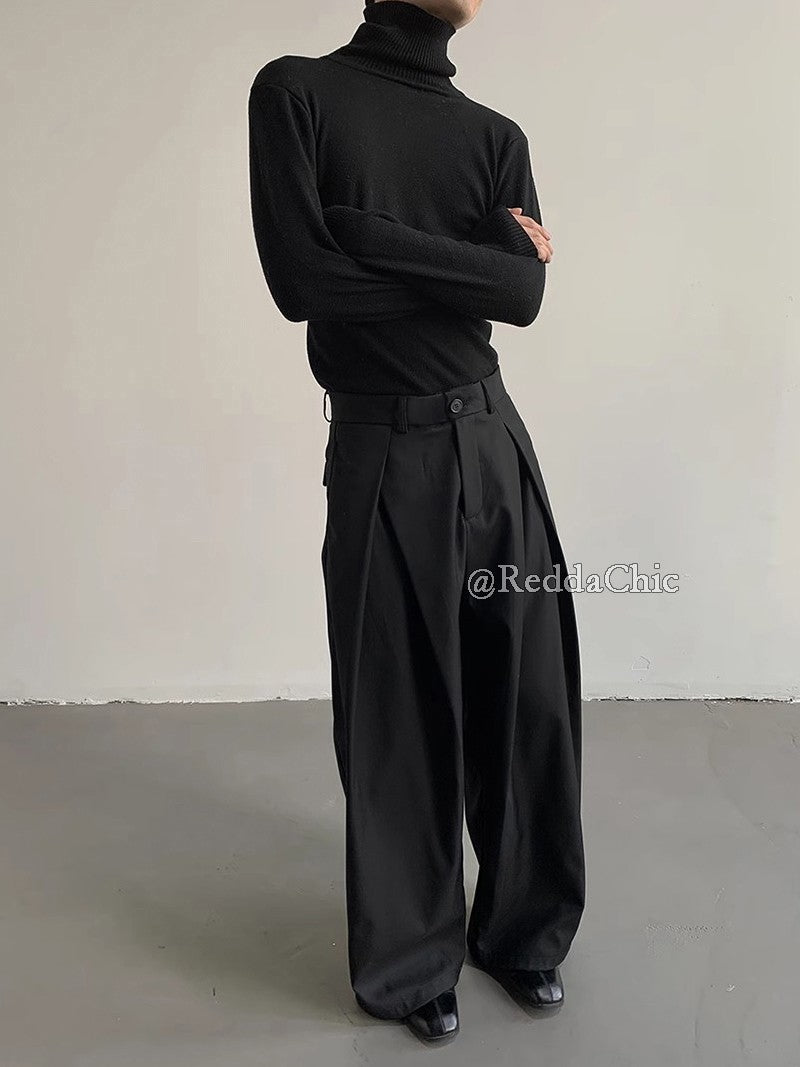 REDDACHiC Men's Pleated Front Wide Leg Pants Cleanfit Black Solid Low Waist Dressy Trousers Unisex Office Work Casual Clothes