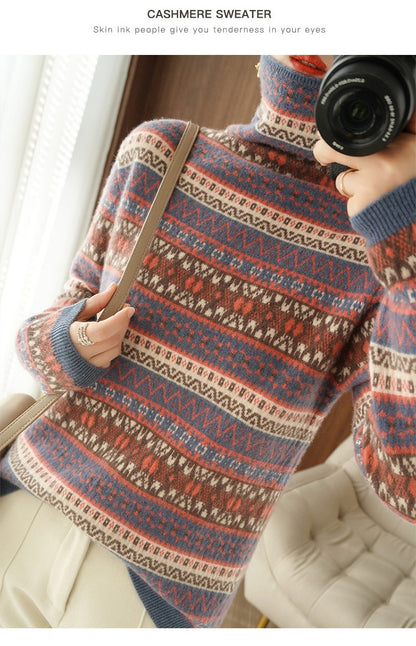 Autumn and Winter New 100% Wool Cashmere Sweater Women's High Neck Pullover Casual Knitted Loose Korean Fashion Color Block Top