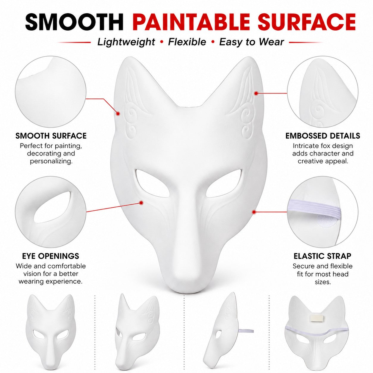 DIY White Fox Mask Paintable Kitsune Cosplay Half Face Mask, Blank Anime Fox Mask for Halloween Party Masquerade Stage Prop